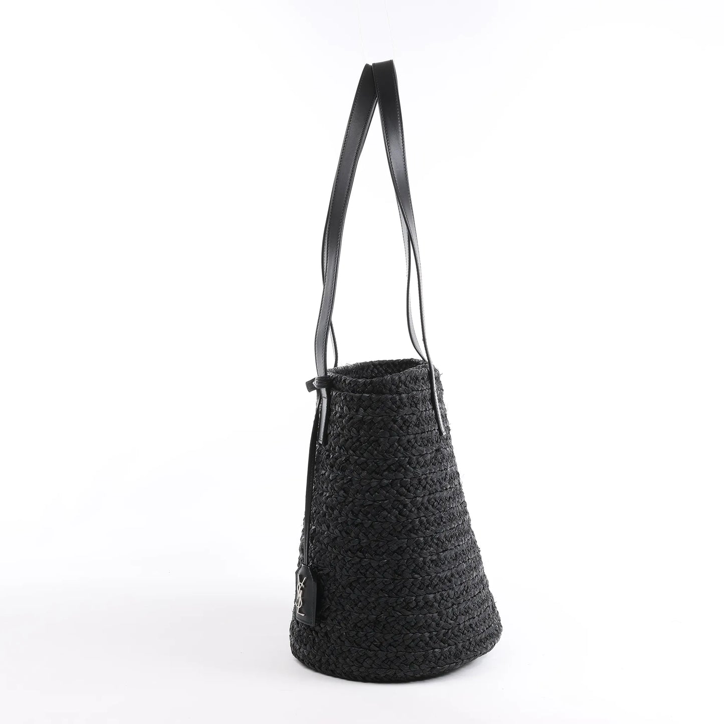 Saint Laurent Paris Panier Small Raffia x Leather Shoulder Bag in Black 693240