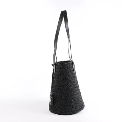 Saint Laurent Paris Panier Small Raffia x Leather Shoulder Bag in Black 693240