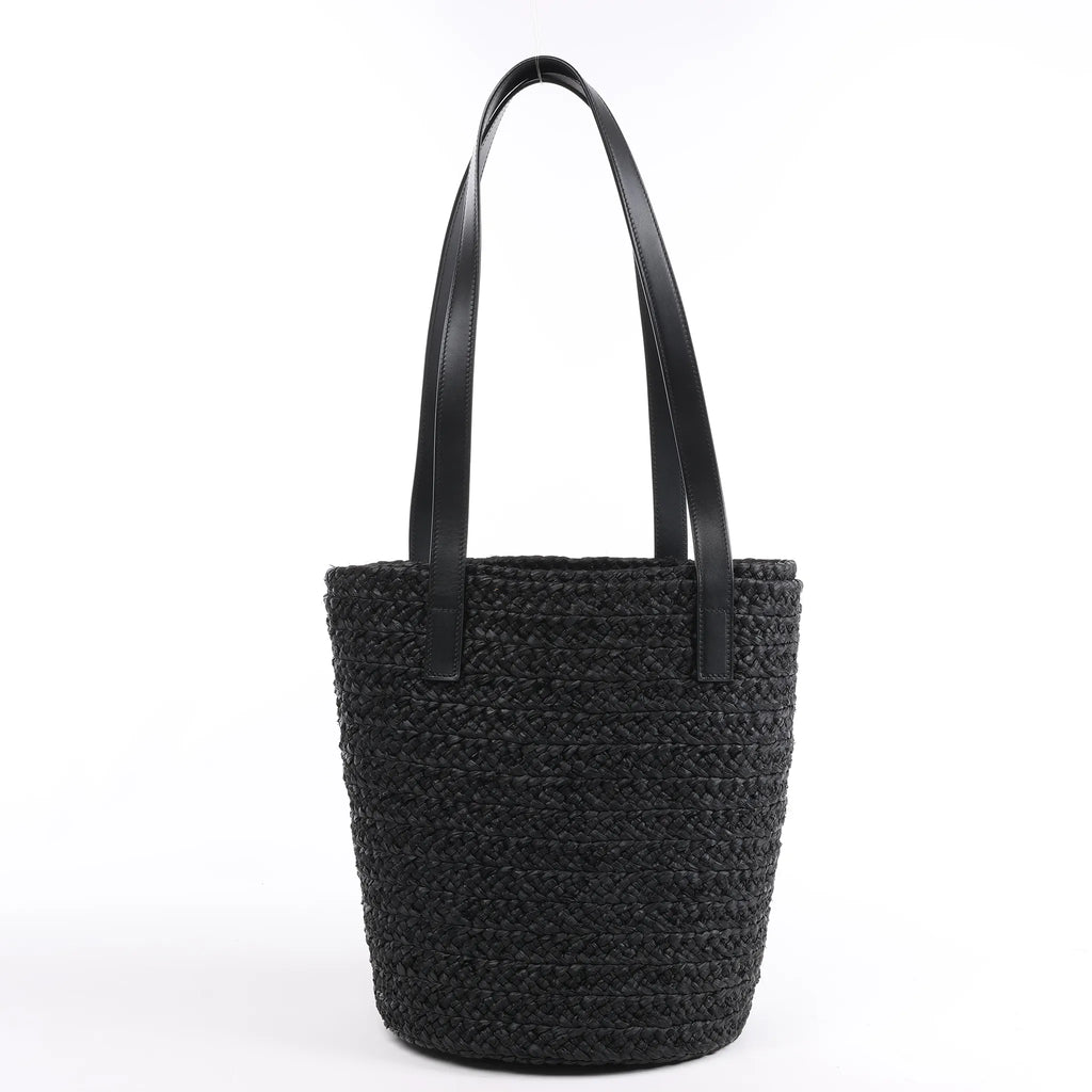 Saint Laurent Paris Panier Small Raffia x Leather Shoulder Bag in Black 693240