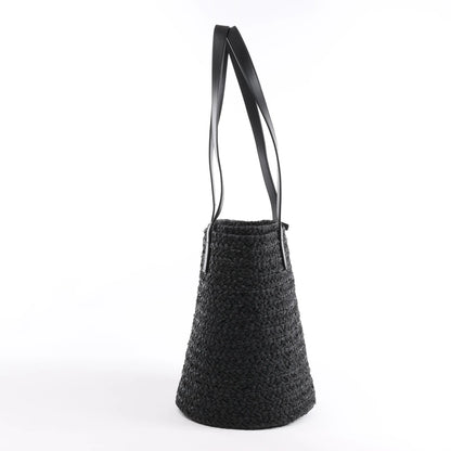 Saint Laurent Paris Panier Small Raffia x Leather Shoulder Bag in Black 693240
