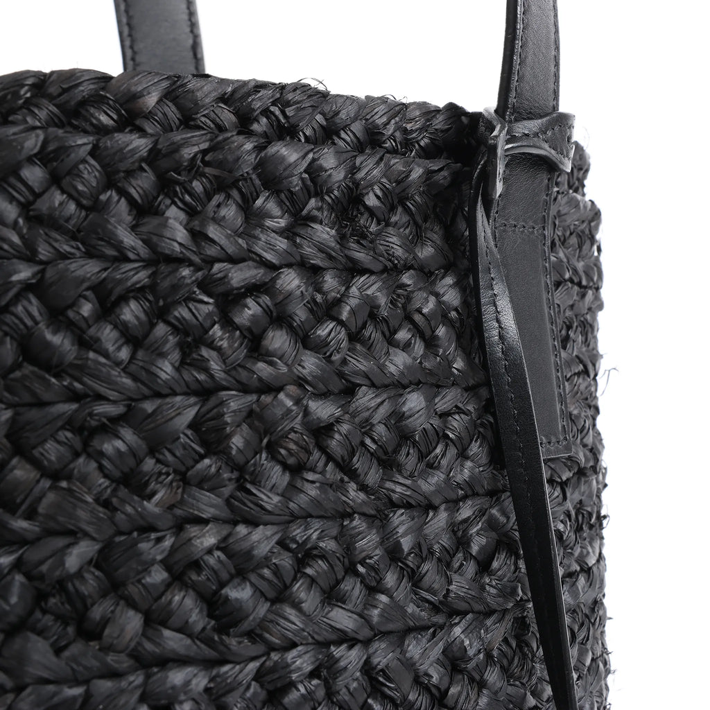 Saint Laurent Paris Panier Small Raffia x Leather Shoulder Bag in Black 693240