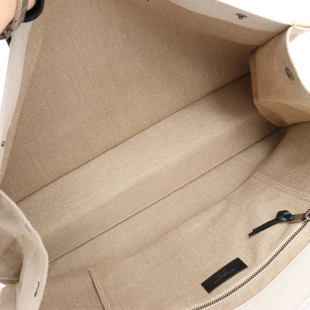 Saint Laurent Rive Gauche Large Tote Bag in Printed Canvas and Leather in Beige 499290