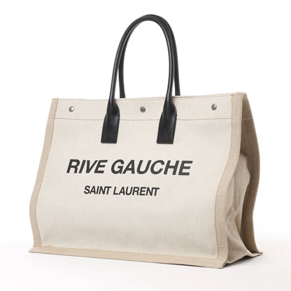 Saint Laurent Rive Gauche Large Tote Bag in Printed Canvas and Leather in Beige 499290