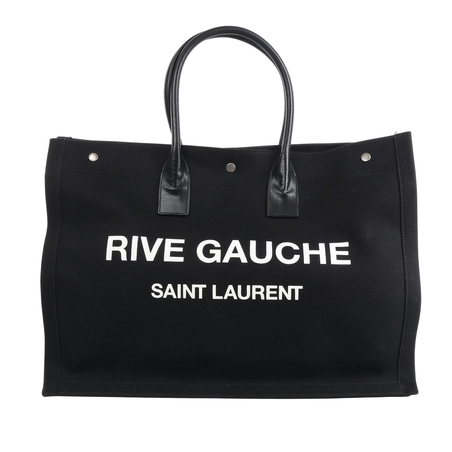 Saint Laurent Rive Gauche Large Tote Bag 509415 in black canvas with white printed logo, dual black leather handles, and structured rectangular design against a white background.