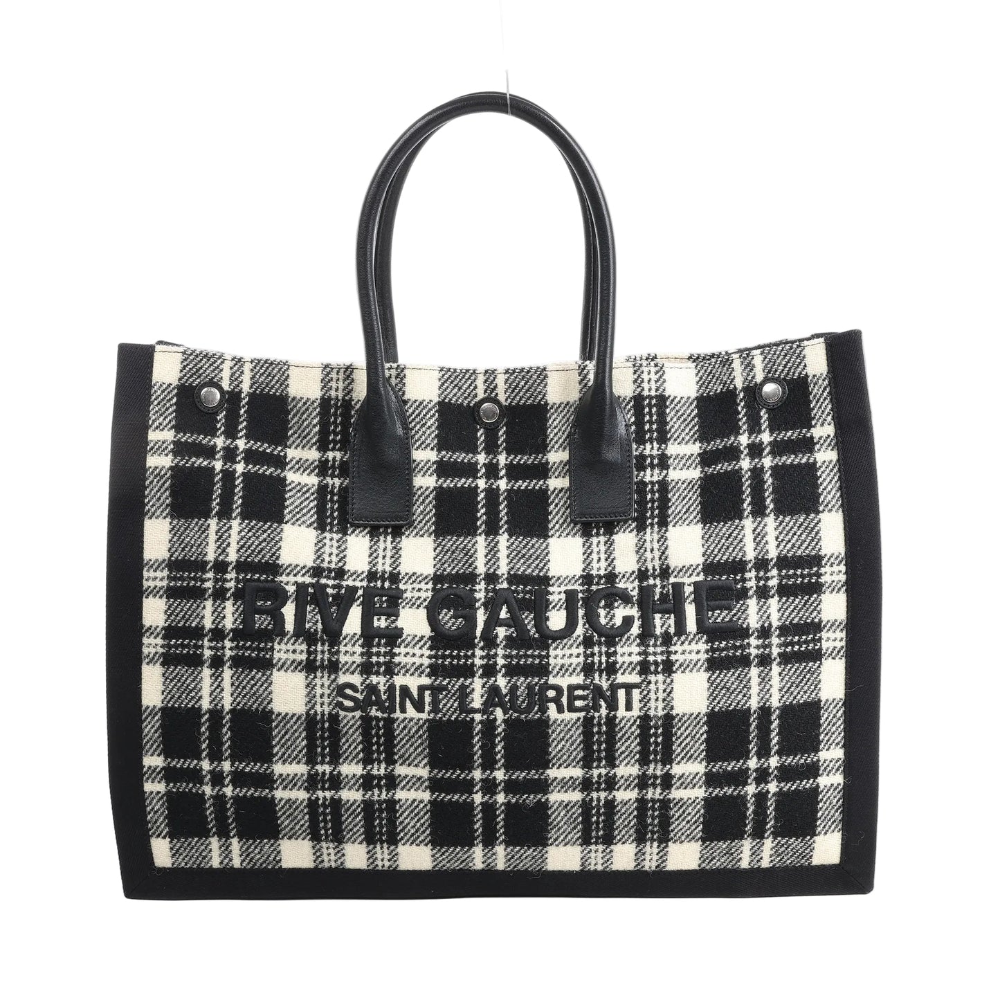 Saint Laurent Paris Rive Gauche Tote Bag 499290 in black and white plaid wool with black leather handles, front logo lettering, and structured rectangular shape against a white background.