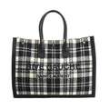 Saint Laurent Paris Rive Gauche Tote Bag 499290 in black and white plaid wool with black leather handles, front logo lettering, and structured rectangular shape against a white background.