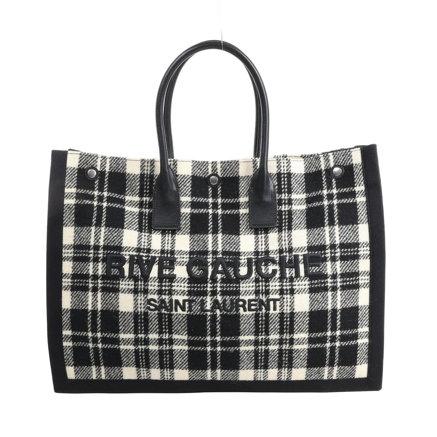 Saint Laurent Paris Rive Gauche Tote Bag 499290 in black and white plaid wool with black leather handles, front logo lettering, and structured rectangular shape against a white background.