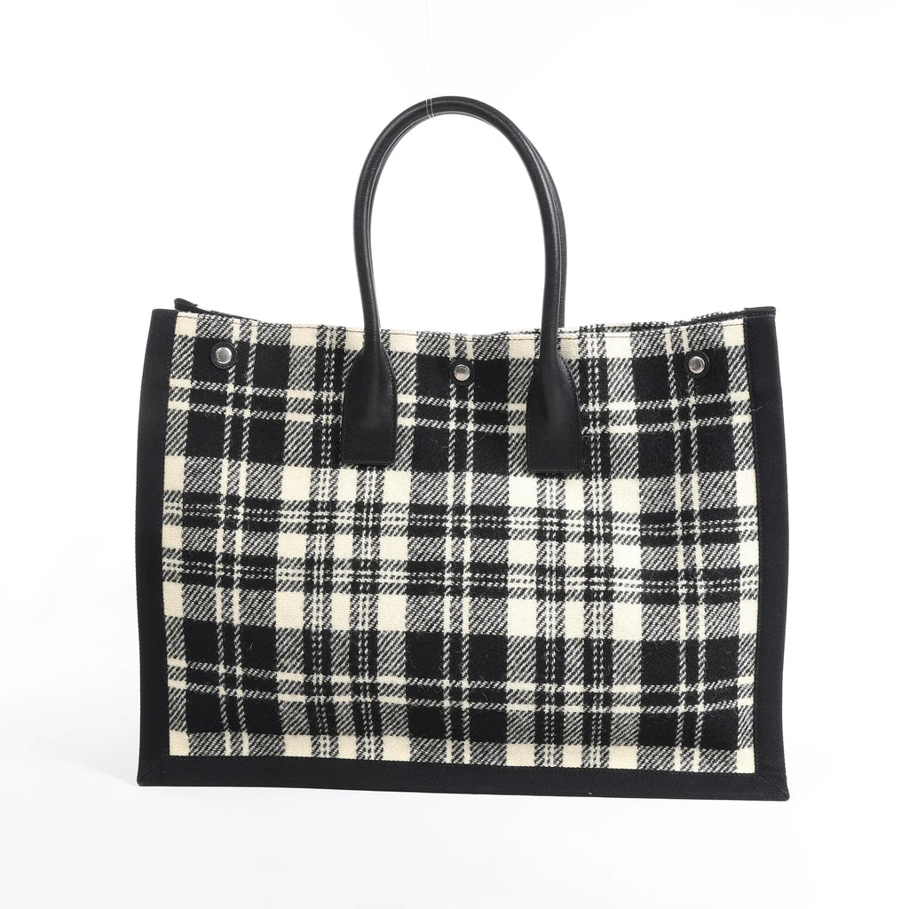 Saint Laurent Paris Rive Gauche Wool x Leather Tote bag Black x White 499290
