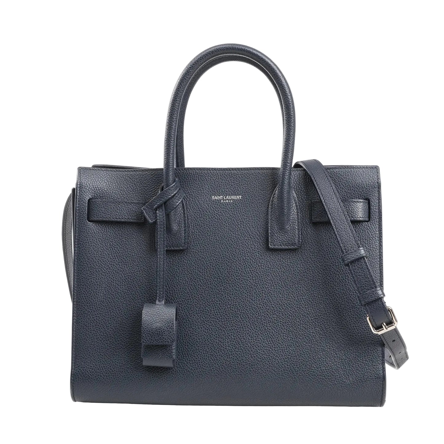 Saint Laurent Sac de Jour Baby 2Way handbag in navy blue grained leather featuring dual top handles, adjustable shoulder strap, and minimal silver logo detailing.
