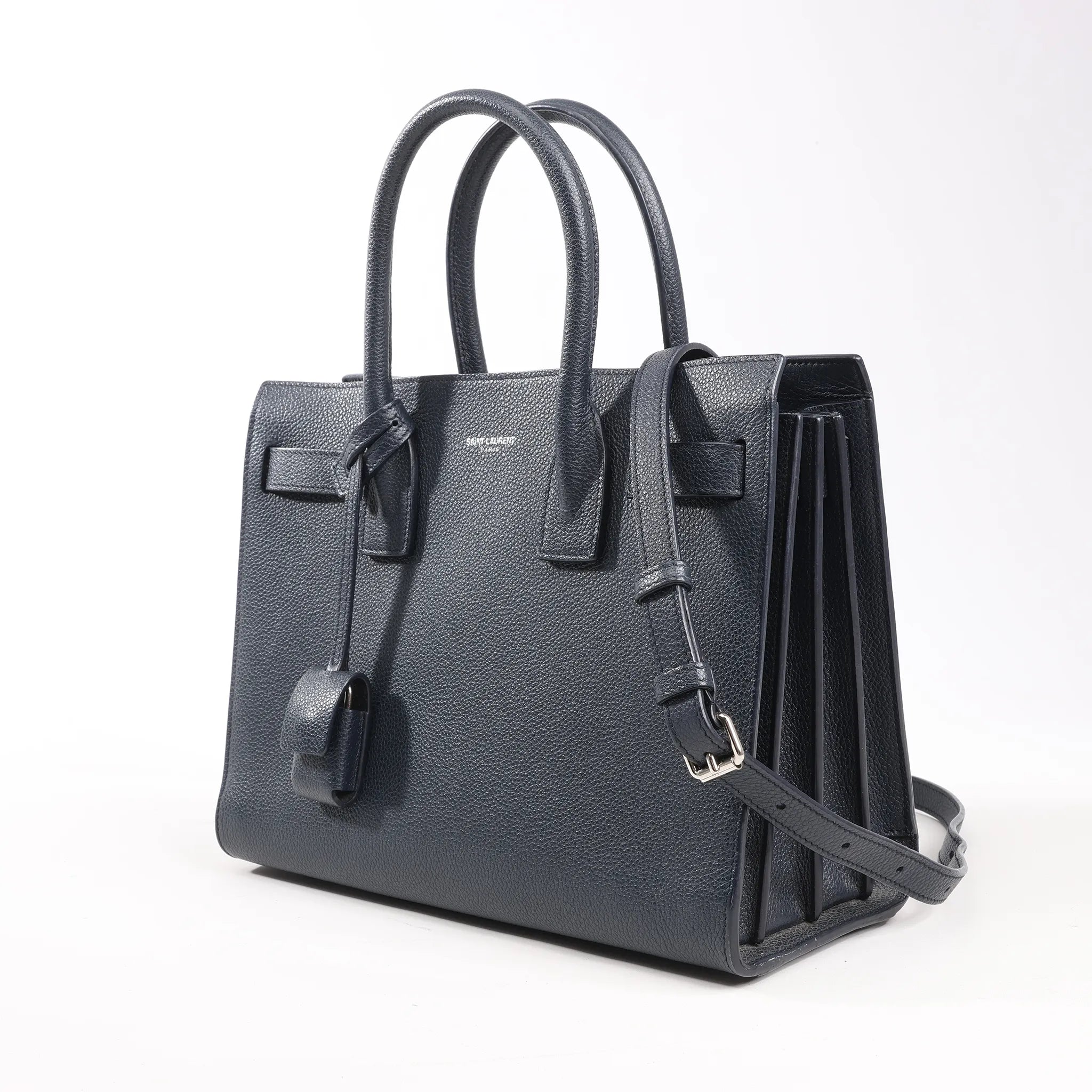 Saint Laurent Paris Sac de Jour Baby Leather 2Way Handbag in Navy Blue 392032