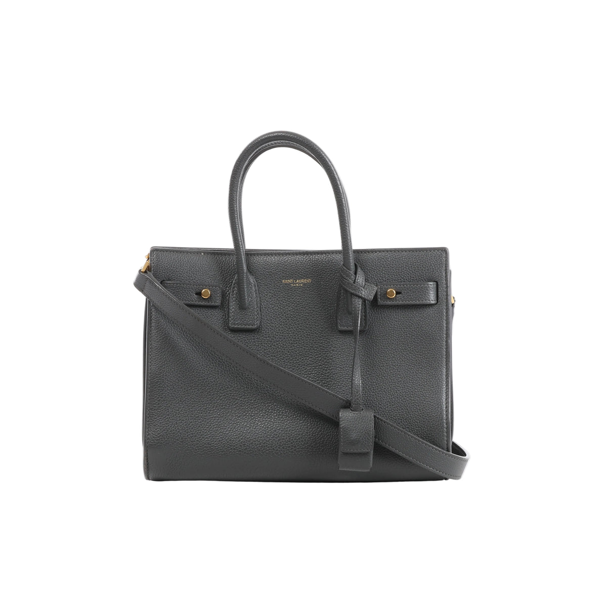 Gray Saint Laurent Sac de Jour Small grainy leather handbag with double top handles, shoulder strap, gold-tone hardware and front logo.