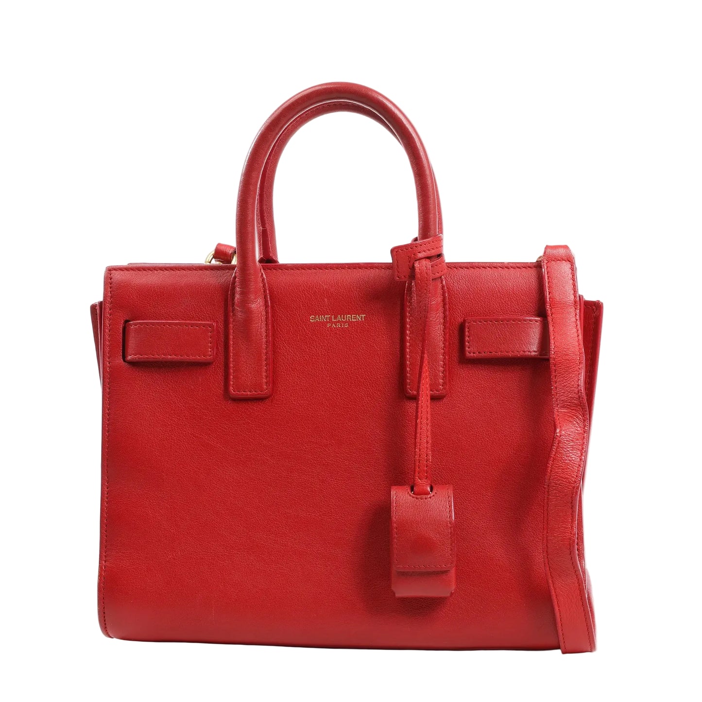 Saint Laurent Paris Sac de Jour Nano handbag in vibrant red leather featuring dual top handles, detachable shoulder strap, and gold-tone logo detail.