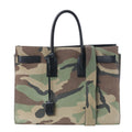 Saint Laurent Sac de Jour camouflage suede handbag with black leather top handles, trim and wide camouflage shoulder strap.