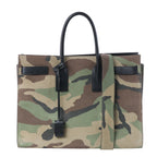 Saint Laurent Sac de Jour camouflage suede handbag with black leather top handles, trim and wide camouflage shoulder strap.