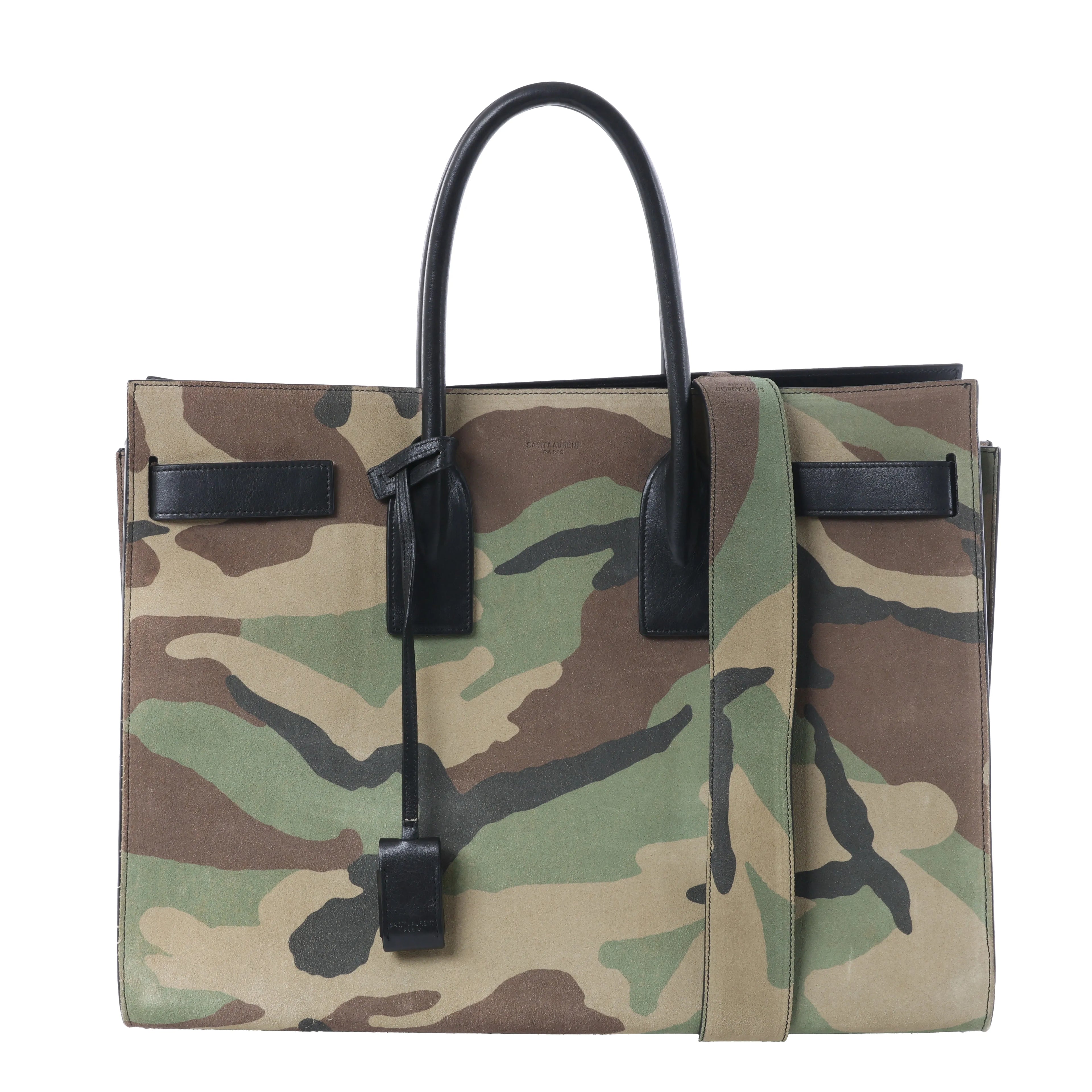 Saint Laurent Sac de Jour camouflage suede handbag with black leather top handles, trim and wide camouflage shoulder strap.