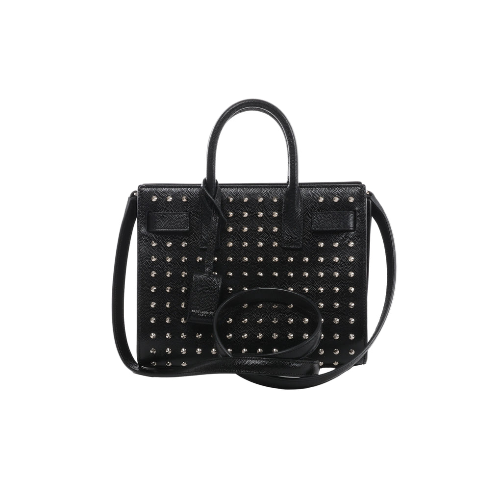Black Saint Laurent Sac de Jour leather handbag with silver-tone studs, double top handles, shoulder strap and hanging clochette.