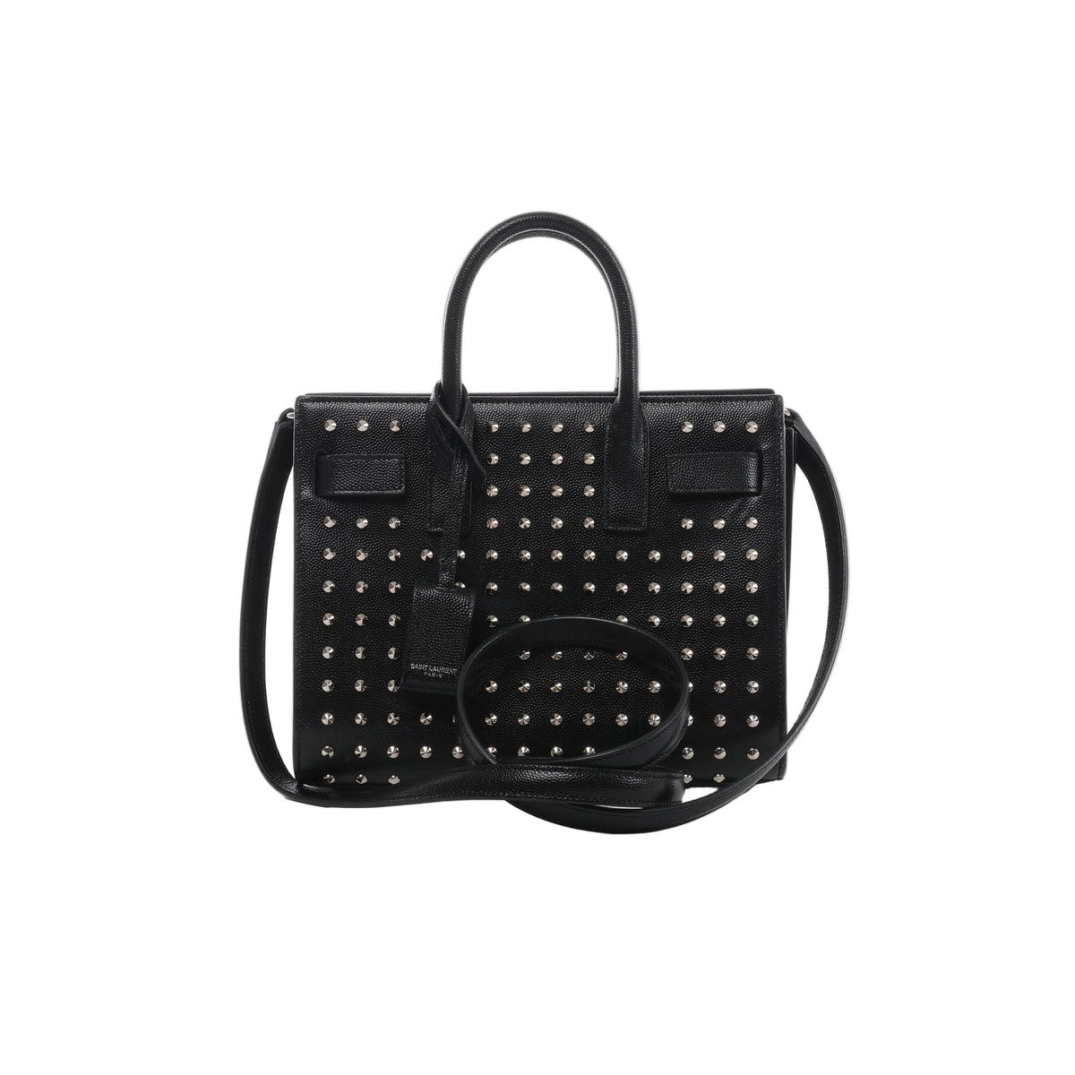 Black Saint Laurent Sac de Jour leather handbag with silver-tone studs, double top handles, shoulder strap and hanging clochette.