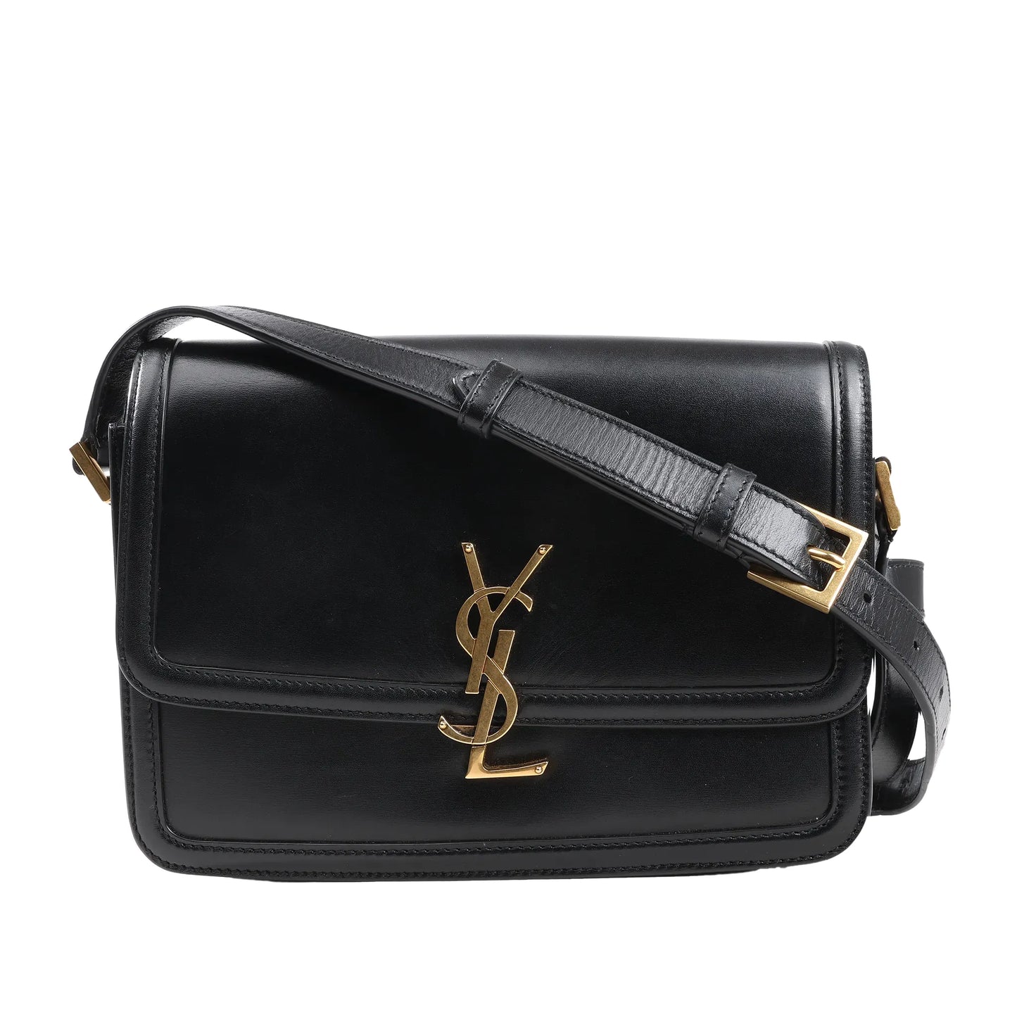 Saint Laurent Paris Solferino shoulder bag in smooth black leather featuring gold-tone YSL monogram hardware, front flap closure, and adjustable leather strap.