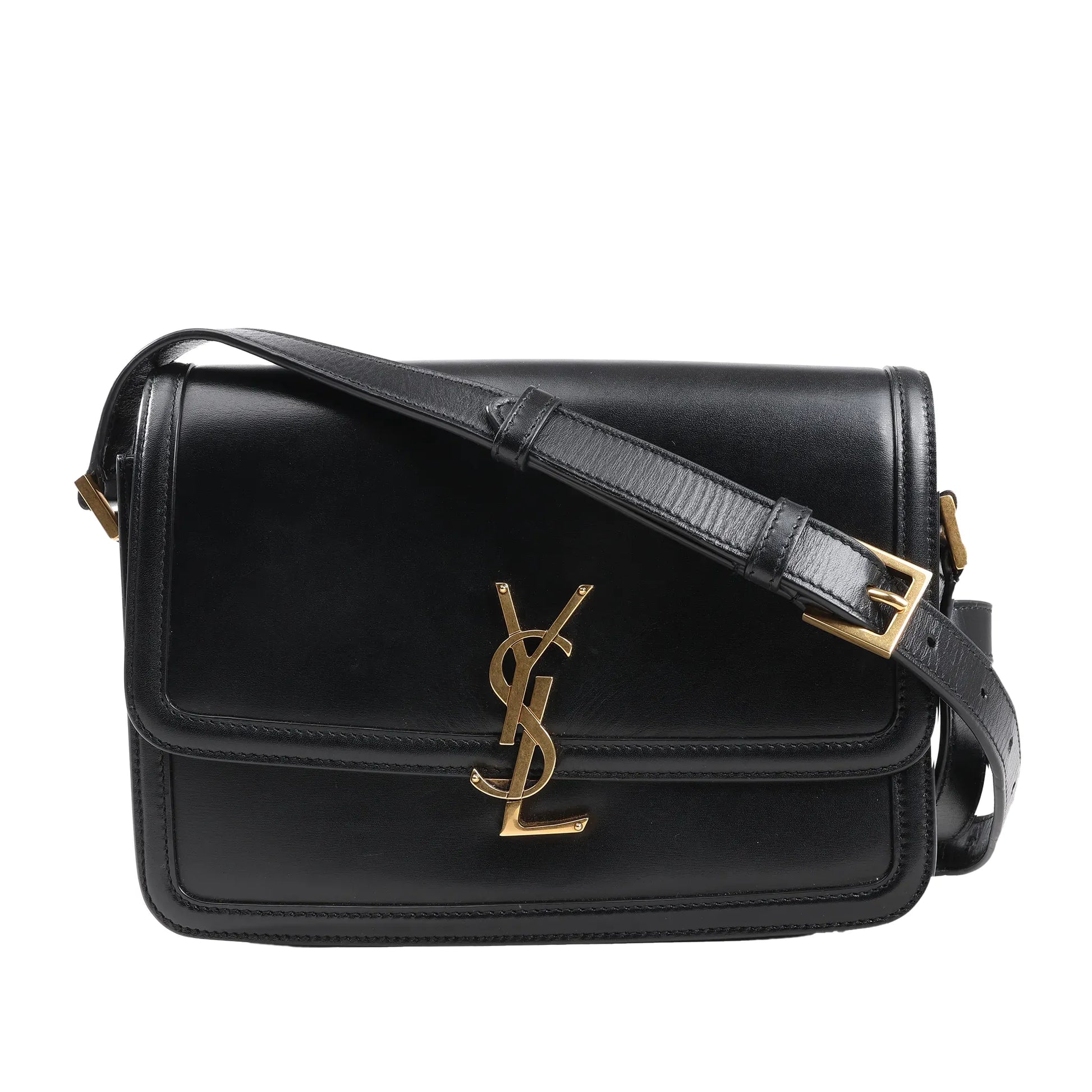 Saint Laurent Paris Solferino shoulder bag in smooth black leather featuring gold-tone YSL monogram hardware, front flap closure, and adjustable leather strap.