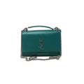 Front view of Saint Laurent Sunset green leather flap bag with a silver-tone YSL monogram and chain strap with a matching leather shoulder section.