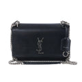 Saint Laurent Sunset black leather crossbody bag with silver-tone YSL logo, chain strap, flap front and leather tag.