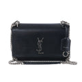 Saint Laurent Sunset black leather crossbody bag with silver-tone YSL logo, chain strap, flap front and leather tag.