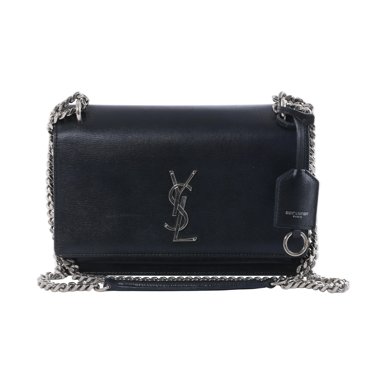 Saint Laurent Sunset black leather crossbody bag with silver-tone YSL logo, chain strap, flap front and leather tag.