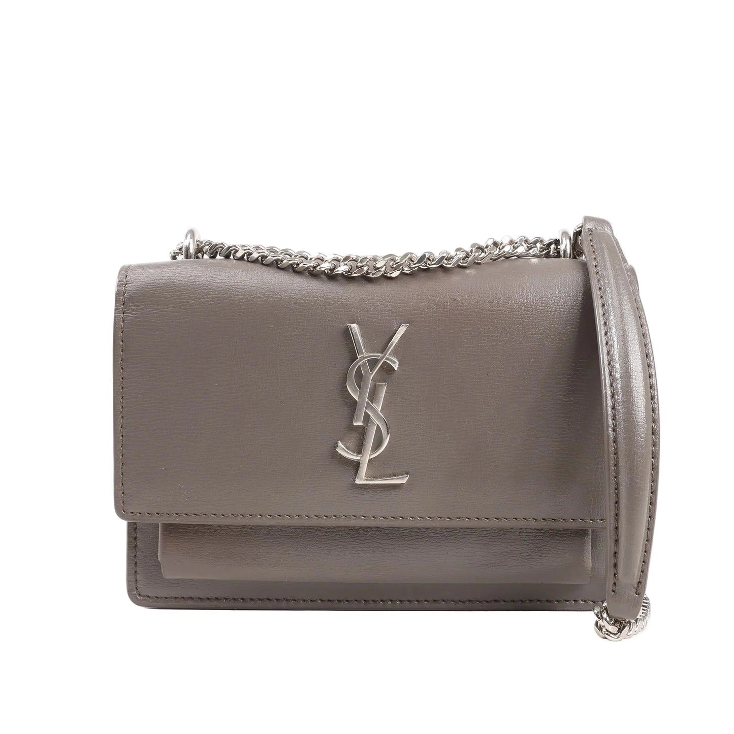 Saint Laurent Paris Sunset shoulder bag in smooth gray leather featuring silver YSL logo hardware, flap closure, and silver-tone chain strap, model 452157.