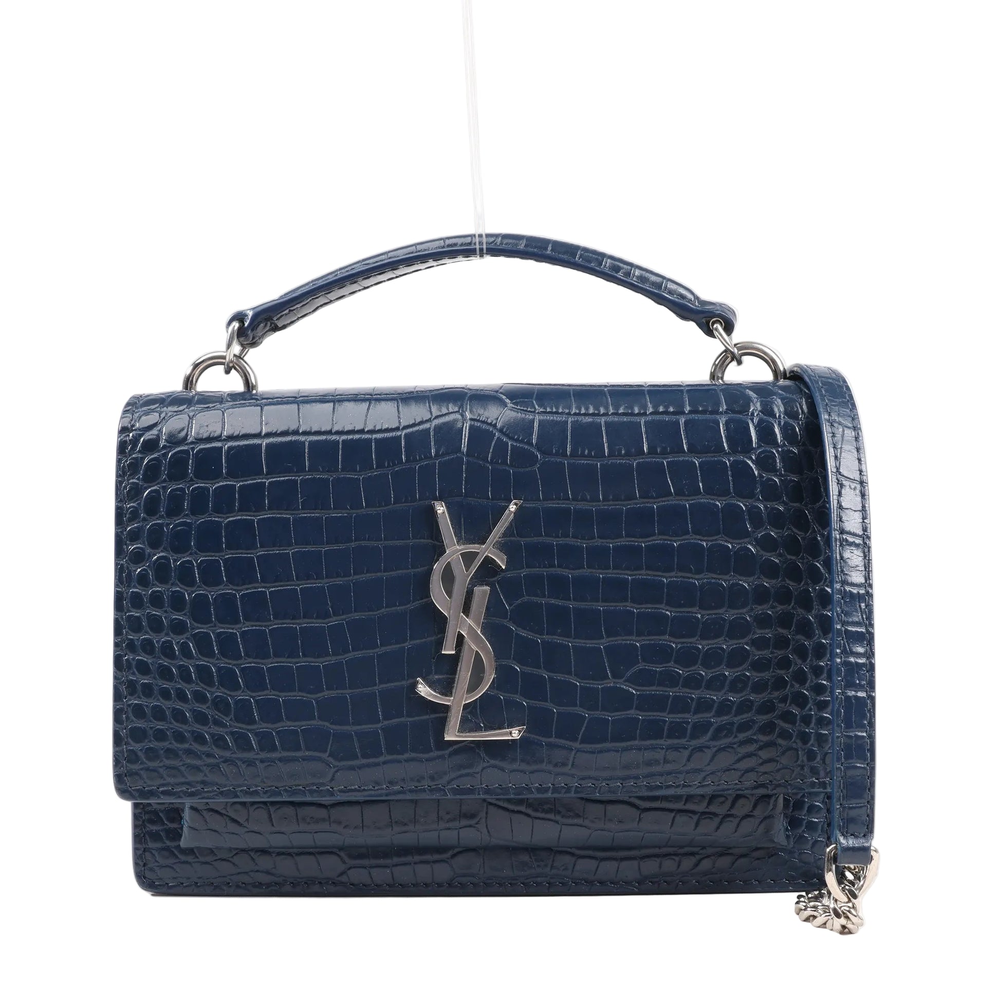 Front view of a Saint Laurent Paris Sunset 533026 shoulder bag in navy blue mock crocodile-embossed leather with silver-tone YSL logo, top handle, and chain strap.