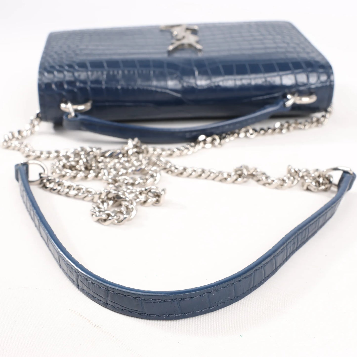 Saint Laurent Paris Sunset Mock Croc Shoulder Bag in Navy Blue 533026