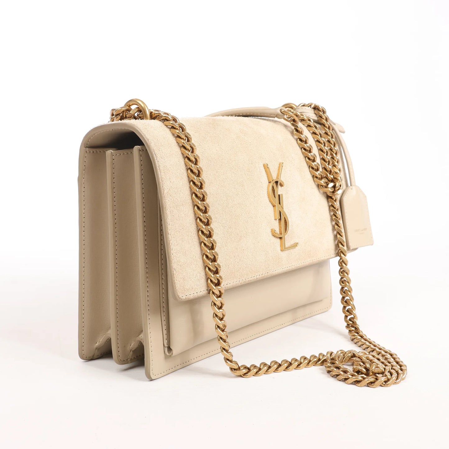 Saint Laurent Paris Sunset Medium Leather x Suede Shoulder Bag in Beige 442906