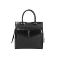 Black Saint Laurent Uptown Small handbag with leather trim, woven raffia panels, double top handles and front envelope pocket with silver-tone YSL logo.