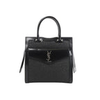 Black Saint Laurent Uptown Small handbag with leather trim, woven raffia panels, double top handles and front envelope pocket with silver-tone YSL logo.