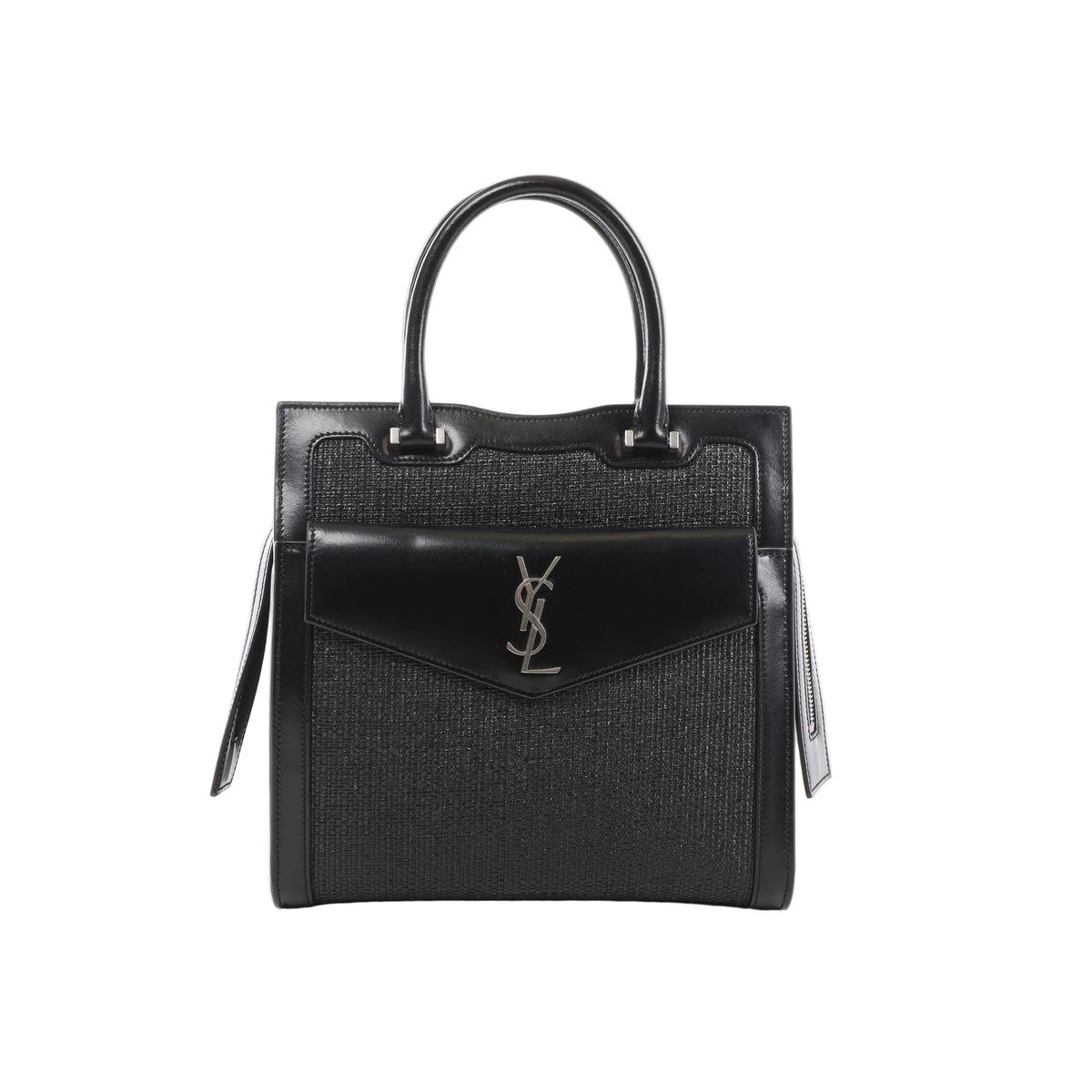 Black Saint Laurent Uptown Small handbag with leather trim, woven raffia panels, double top handles and front envelope pocket with silver-tone YSL logo.