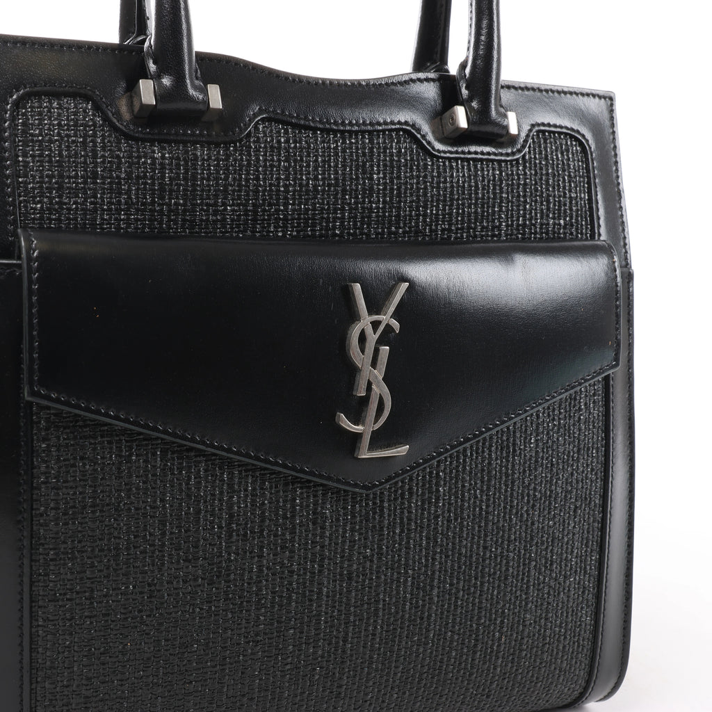 Saint Laurent Paris Uptown Small Leather x Raffia Handbag in Black 561203