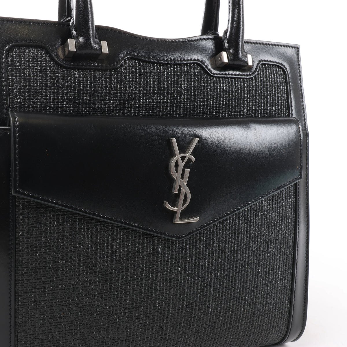 Saint Laurent Paris Uptown Small Leather x Raffia Handbag in Black 561203