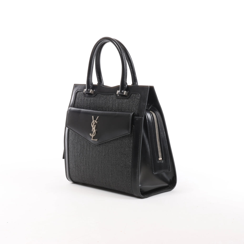 Saint Laurent Paris Uptown Small Leather x Raffia Handbag in Black 561203