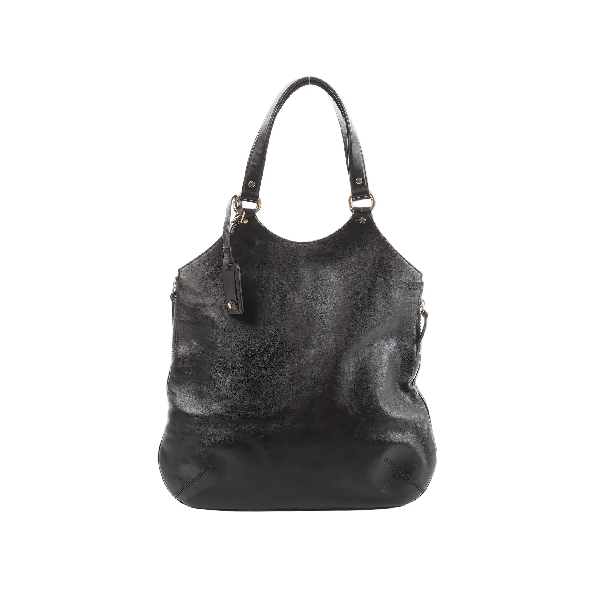 Saint Laurent Tribute Large brown leather shoulder bag with long shoulder straps, gold-tone ring hardware, and hanging leather tag on a white background.