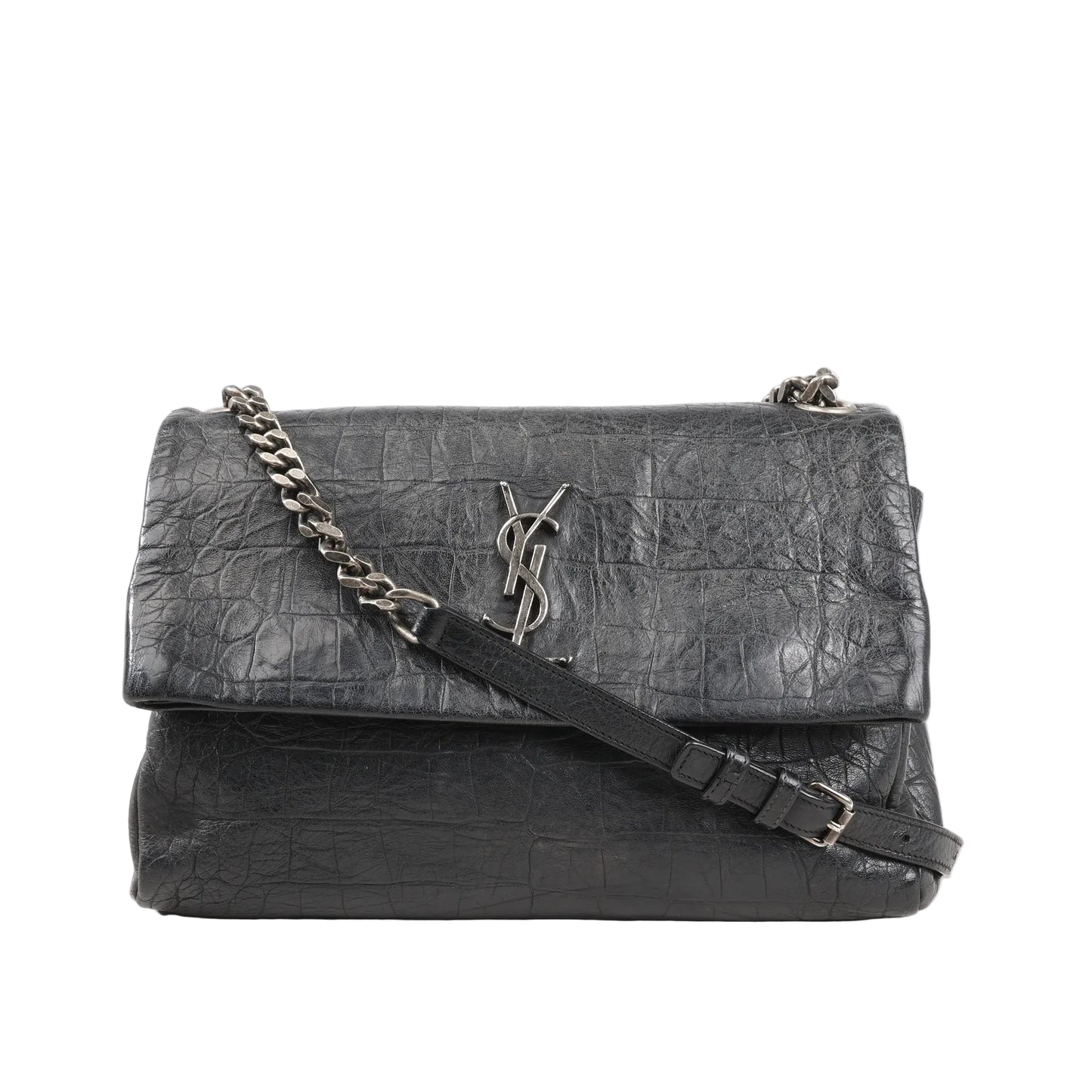 Front view of a Saint Laurent Paris West Hollywood 438176 shoulder bag in black croc-embossed leather with a flap closure, silver YSL logo, and silver-tone leather-chain strap.