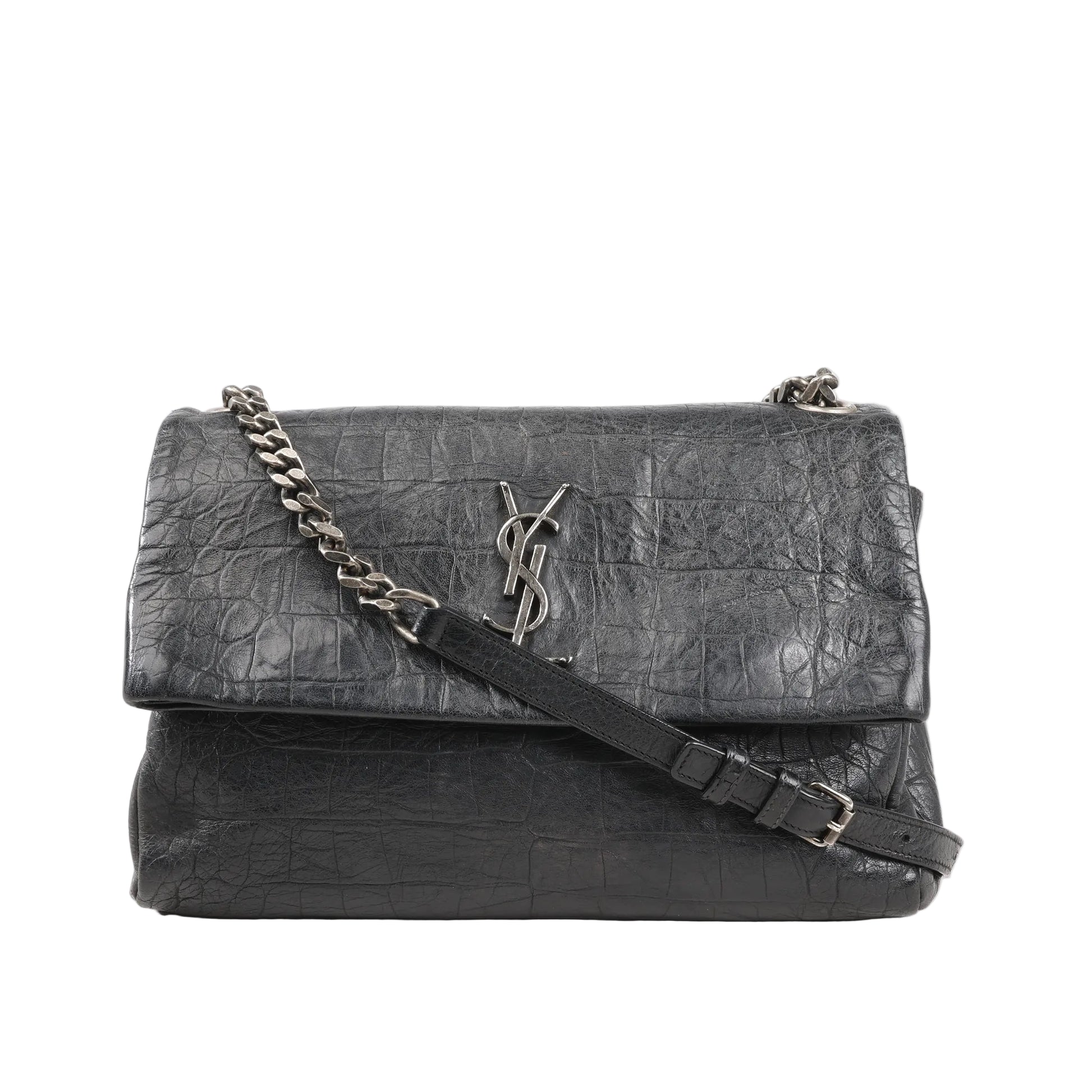 Front view of a Saint Laurent Paris West Hollywood 438176 shoulder bag in black croc-embossed leather with a flap closure, silver YSL logo, and silver-tone leather-chain strap.