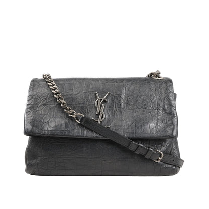 Front view of a Saint Laurent Paris West Hollywood 438176 shoulder bag in black croc-embossed leather with a flap closure, silver YSL logo, and silver-tone leather-chain strap.