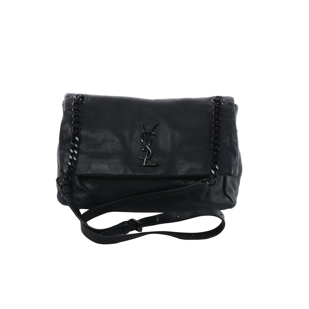 Front view of Saint Laurent West Hollywood shoulder bag in black grained leather with fold-over flap, tonal YSL logo, black chain strap, and adjustable black leather strap.