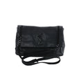 Front view of Saint Laurent West Hollywood shoulder bag in black grained leather with fold-over flap, tonal YSL logo, black chain strap, and adjustable black leather strap.