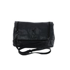 Front view of Saint Laurent West Hollywood shoulder bag in black grained leather with fold-over flap, tonal YSL logo, black chain strap, and adjustable black leather strap.