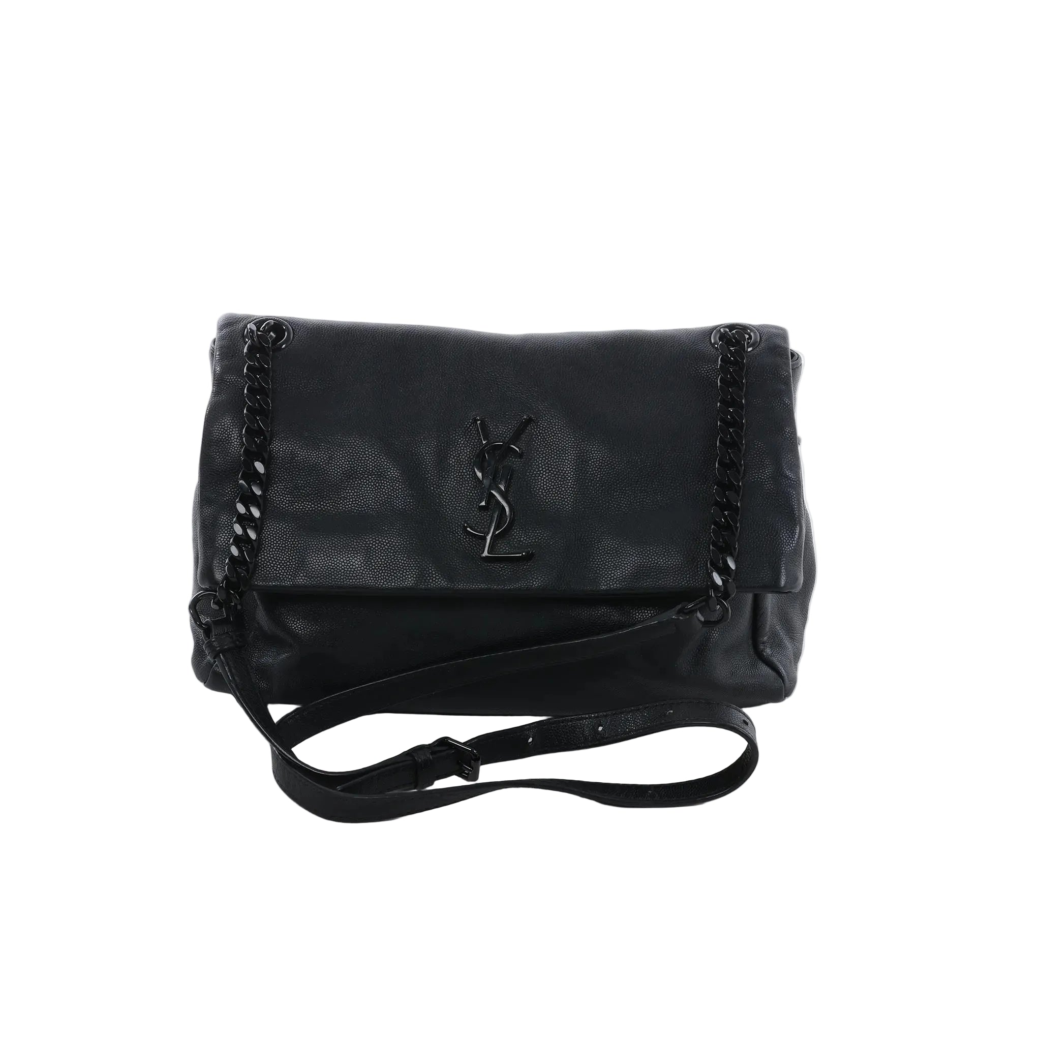Front view of Saint Laurent West Hollywood shoulder bag in black grained leather with fold-over flap, tonal YSL logo, black chain strap, and adjustable black leather strap.