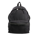 Saint Laurent Paris black canvas and leather backpack model 435988 featuring a front zip pocket with leather trim, dual zipper pulls, and a top carry handle, displayed upright against a white background.