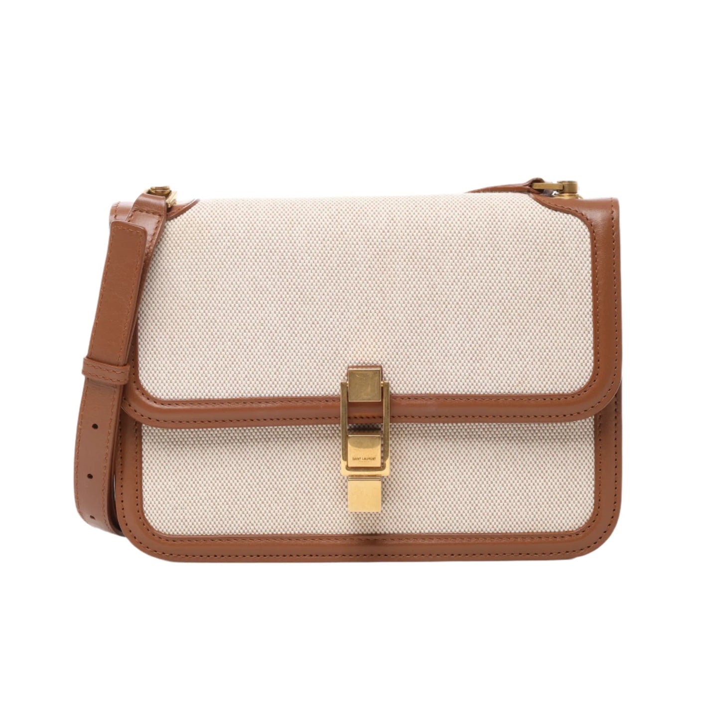 Front view of Saint Laurent Paris Carré Shoulder Bag 647713 in beige canvas with brown leather trim, featuring gold-tone clasp closure, adjustable shoulder strap, and structured rectangular design against a white background.