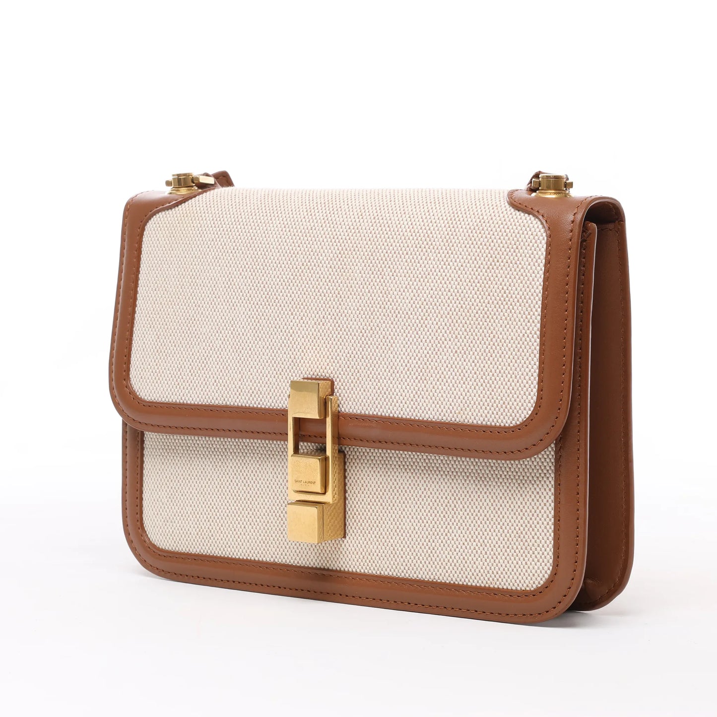 Sac bandoulière Saint Laurent Paris Carré en toile et cuir beige et marron 647713