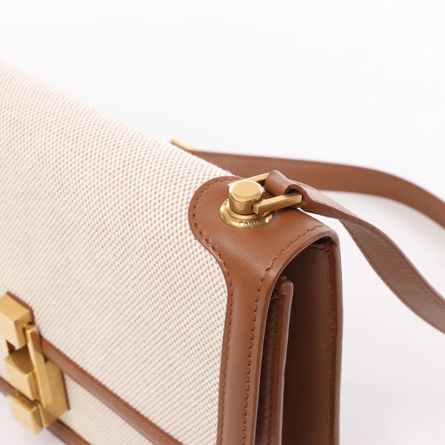 Sac bandoulière Saint Laurent Paris Carré en toile et cuir beige et marron 647713