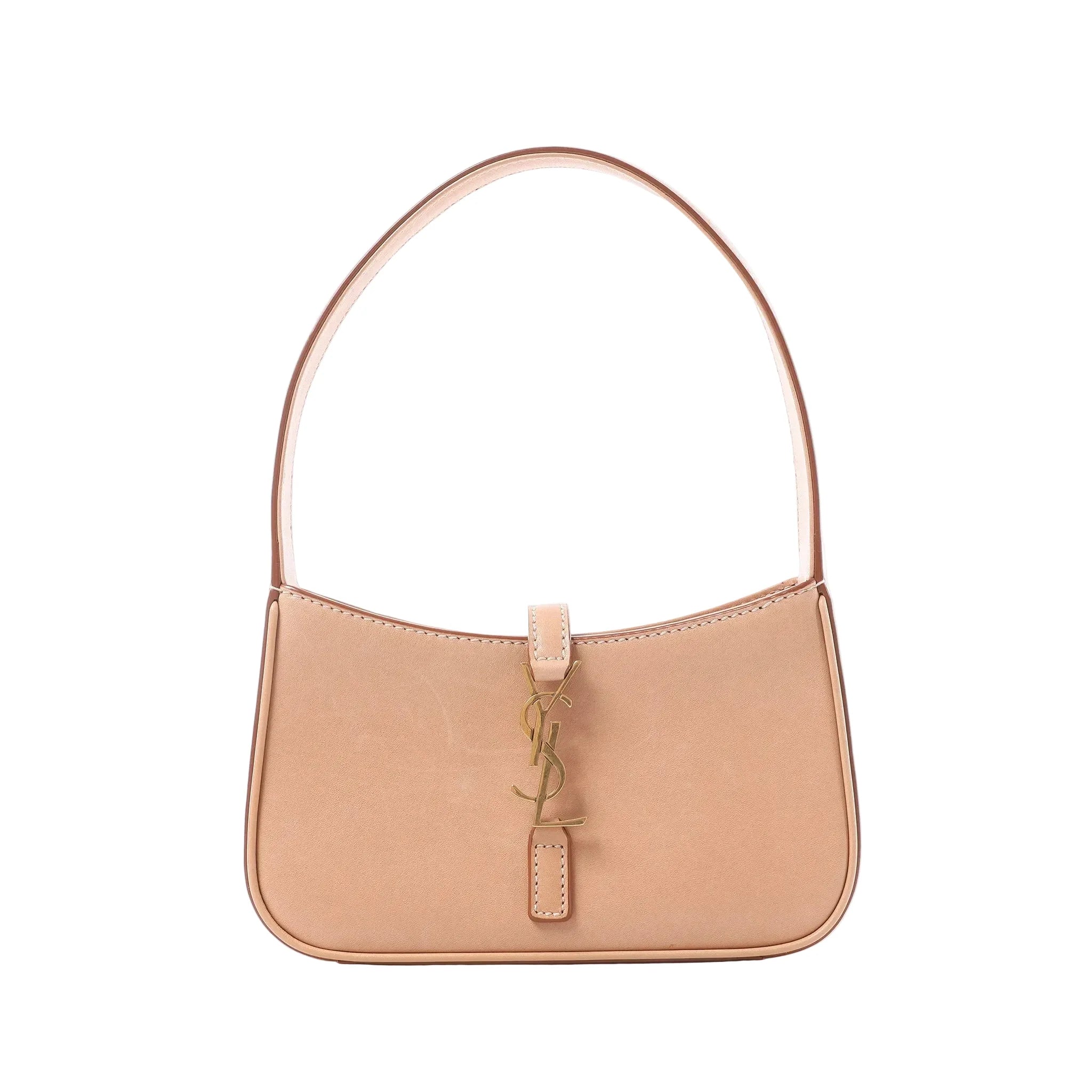 Saint Laurent Le 5 à 7 Mini hobo handbag in smooth beige leather with a single shoulder strap, gold-tone YSL Cassandre hook closure and minimalist design on a white background.